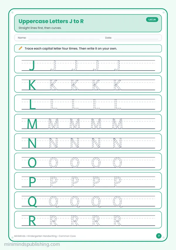 Uppercase Letters J to R — free printable Kindergarten worksheet
