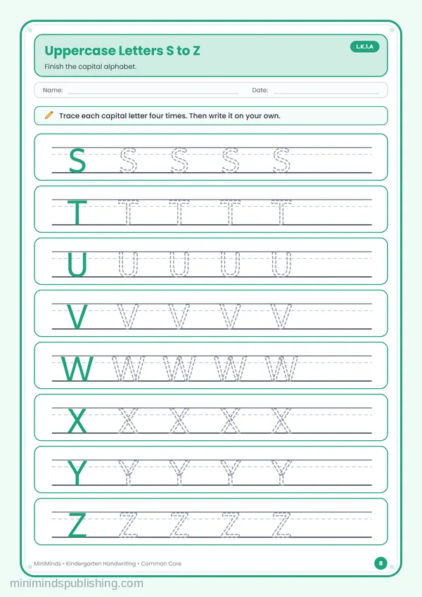 Uppercase Letters S to Z — free printable Kindergarten worksheet