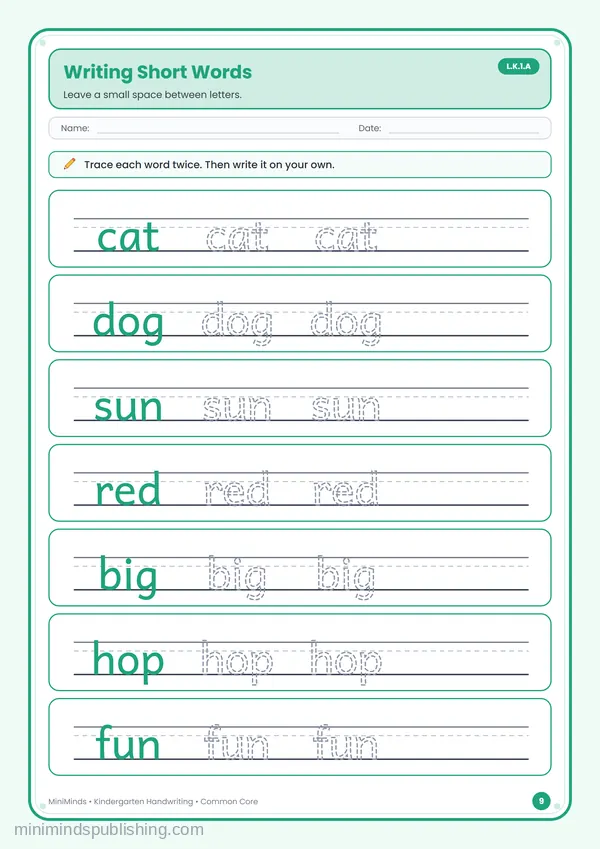 Writing Short Words — free printable Kindergarten worksheet