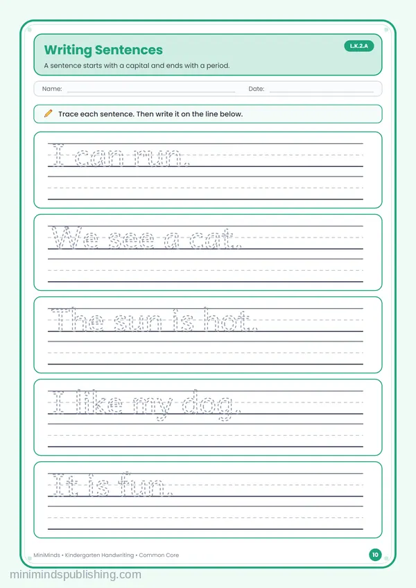 Writing Sentences — free printable Kindergarten worksheet