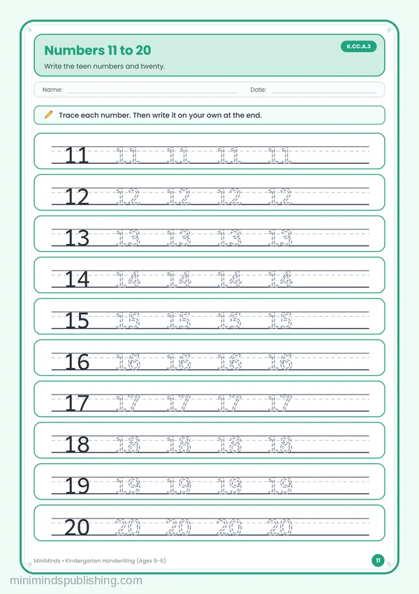 Numbers 11 to 20 — free printable Kindergarten worksheet