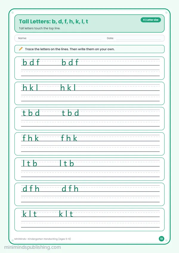 Tall Letters: b, d, f, h, k, l, t — free printable Kindergarten worksheet
