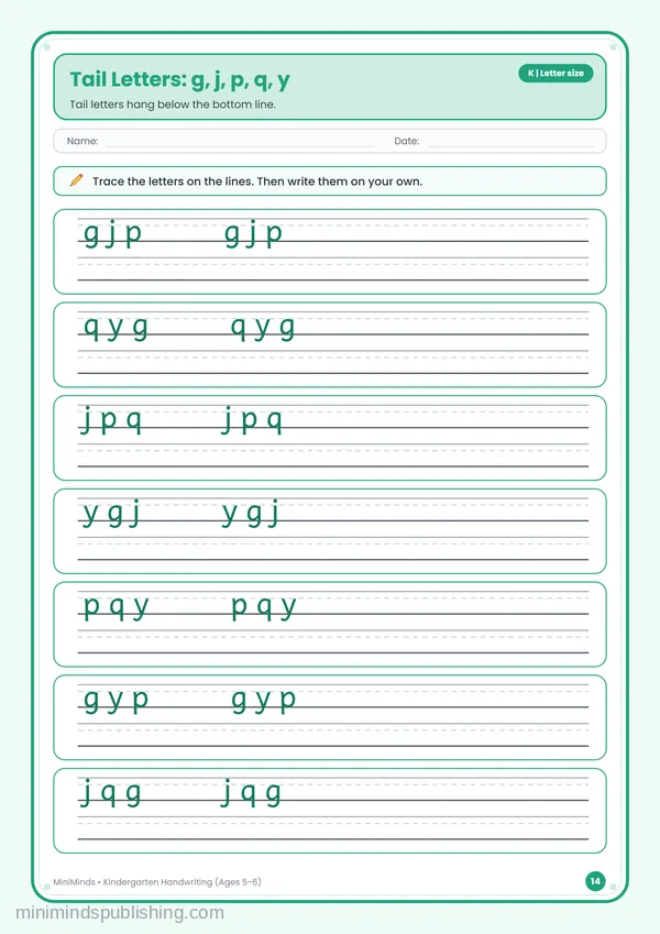 Tail Letters: g, j, p, q, y — free printable Kindergarten worksheet