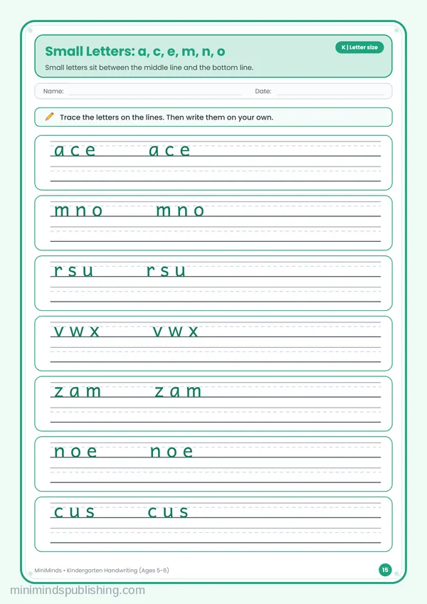 Small Letters: a, c, e, m, n, o — free printable Kindergarten worksheet