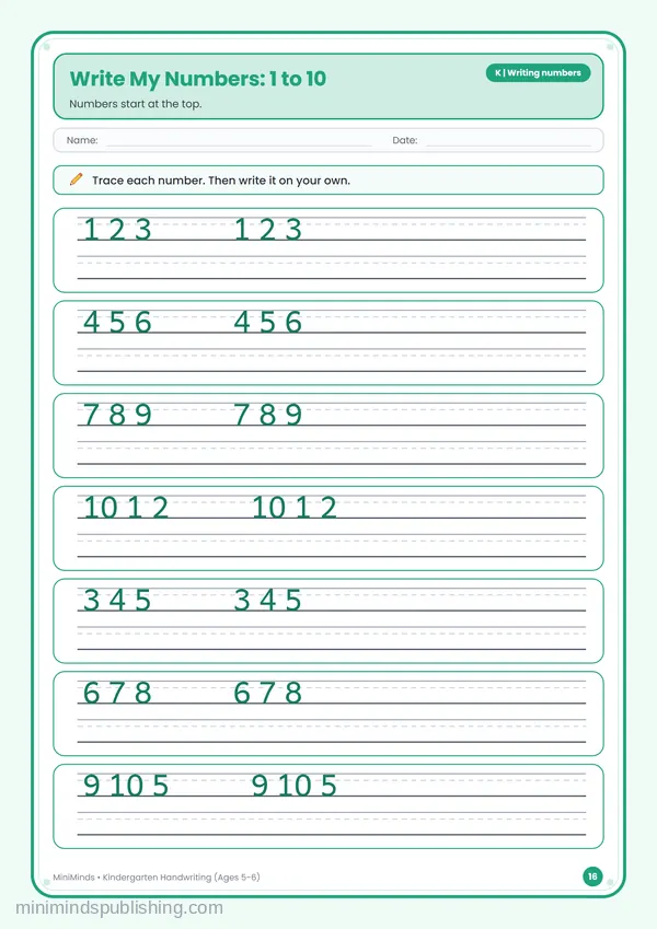 Write My Numbers: 1 to 10 — free printable Kindergarten worksheet