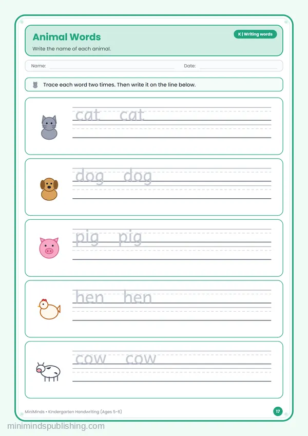 Animal Words — free printable Kindergarten worksheet