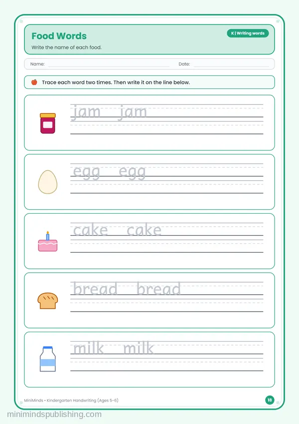 Food Words — free printable Kindergarten worksheet