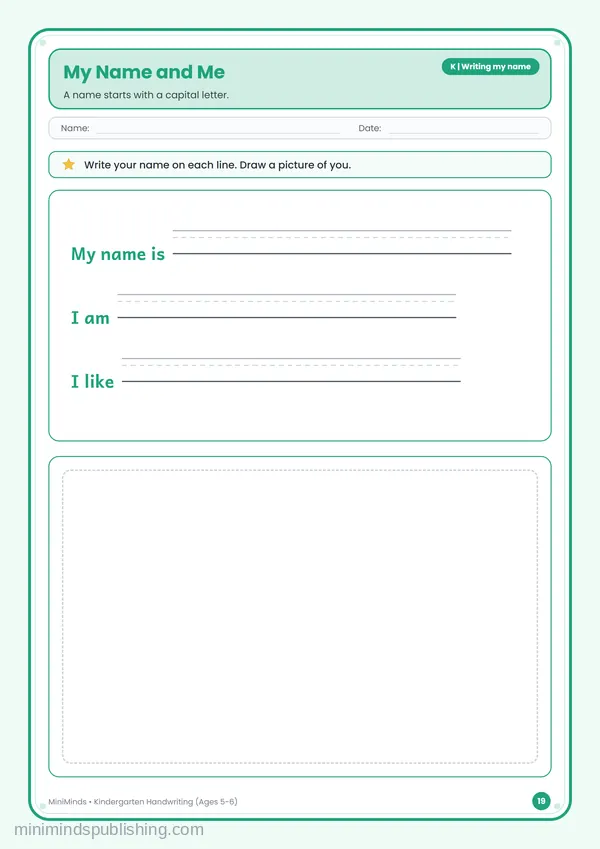 My Name and Me — free printable Kindergarten worksheet