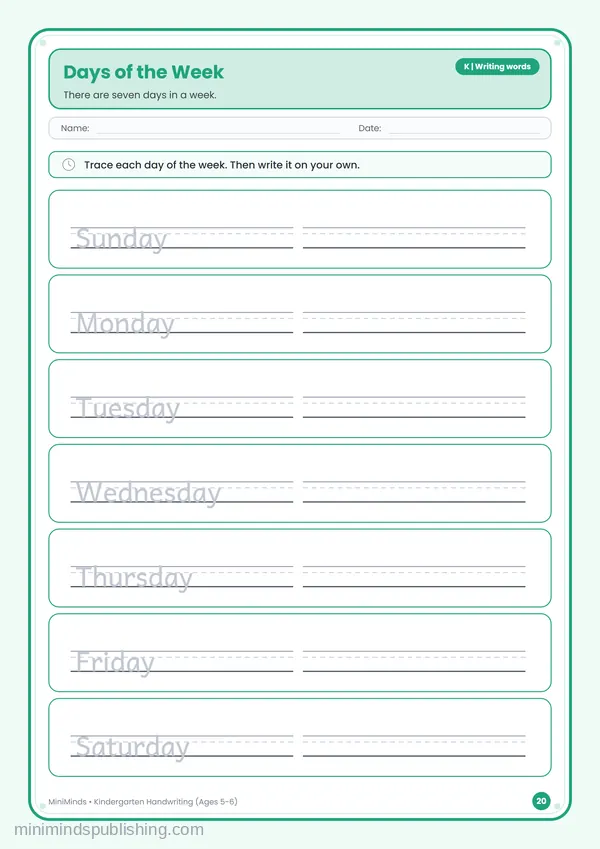 Days of the Week — free printable Kindergarten worksheet