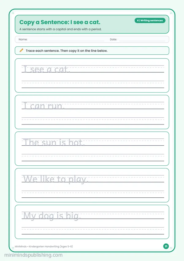 Copy a Sentence: I see a cat. — free printable Kindergarten worksheet