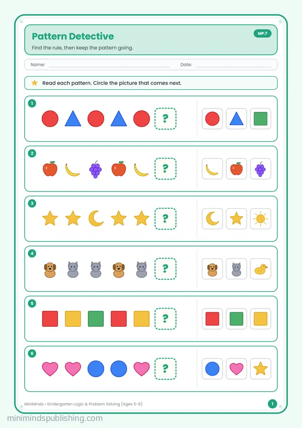Pattern Detective — free printable Kindergarten worksheet