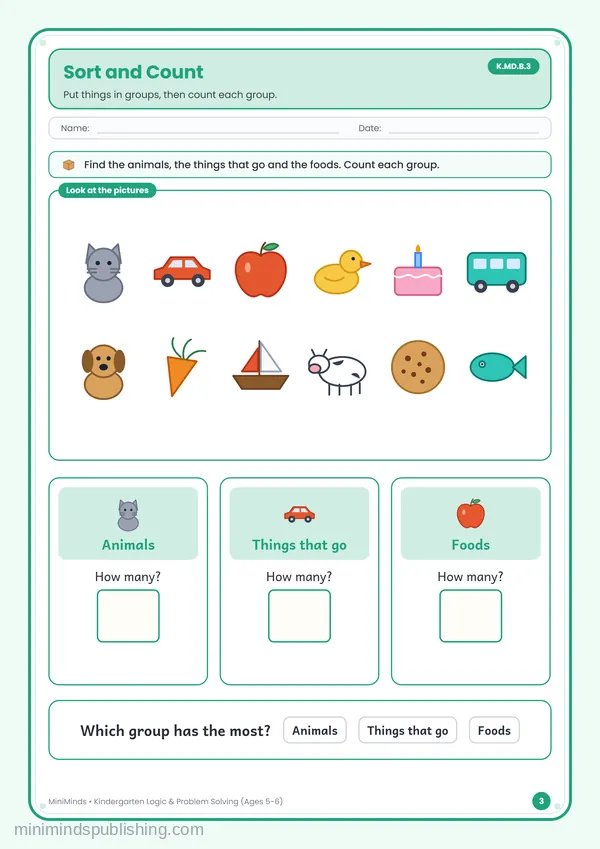 Sort and Count — free printable Kindergarten worksheet