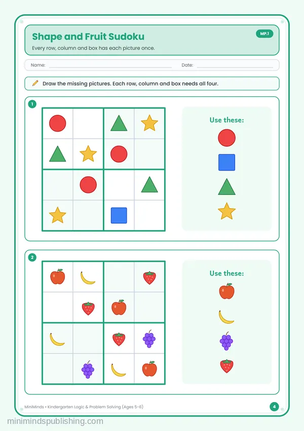 Shape and Fruit Sudoku — free printable Kindergarten worksheet