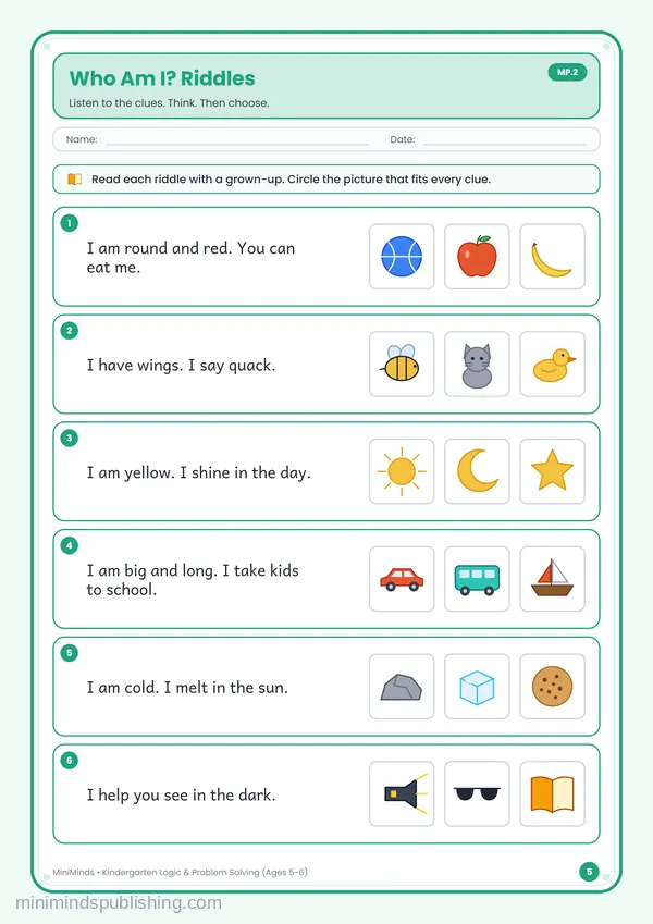 Who Am I? Riddles — free printable Kindergarten worksheet