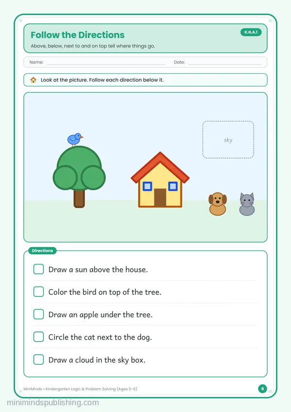 Follow the Directions — free printable Kindergarten worksheet