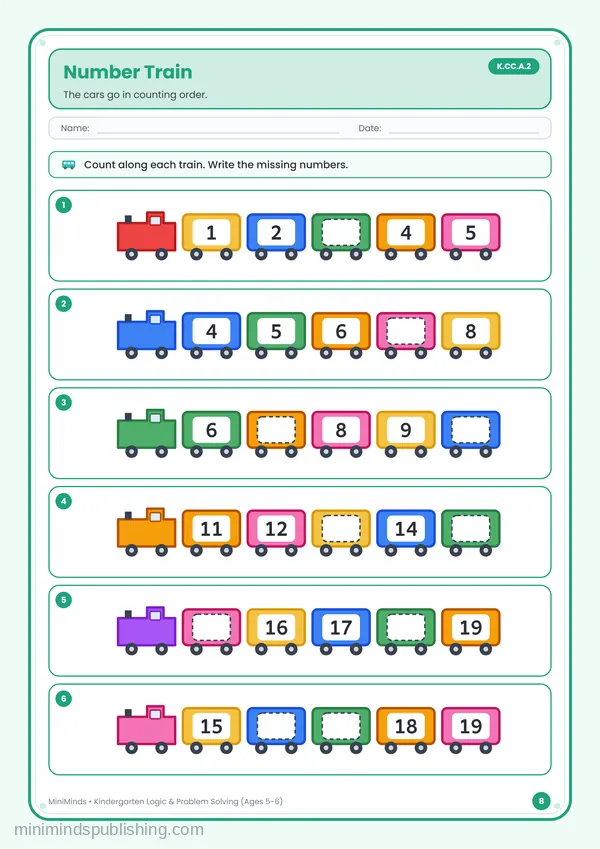 Number Train — free printable Kindergarten worksheet
