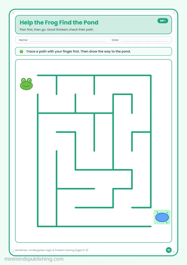 Help the Frog Find the Pond — free printable Kindergarten worksheet