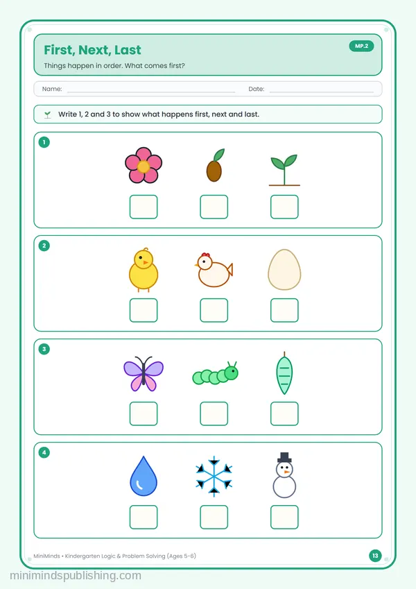First, Next, Last — free printable Kindergarten worksheet