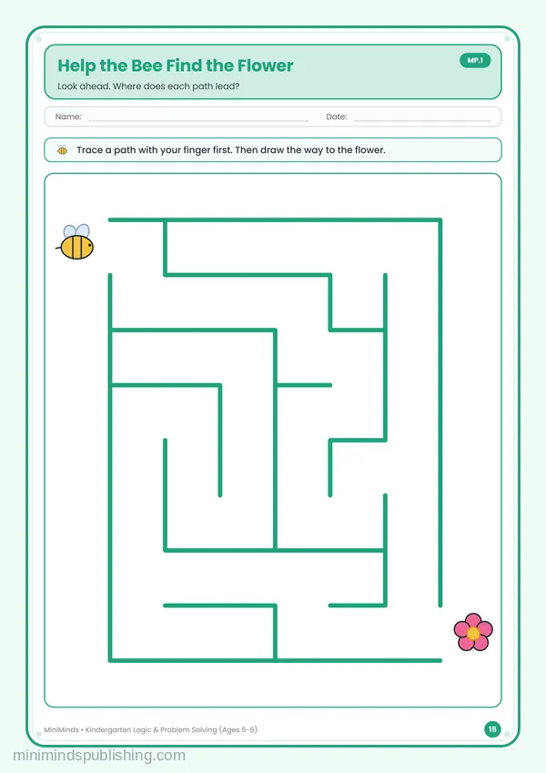 Help the Bee Find the Flower — free printable Kindergarten worksheet