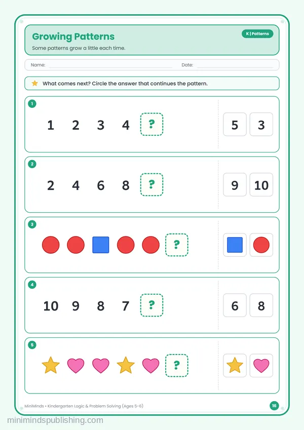 Growing Patterns — free printable Kindergarten worksheet