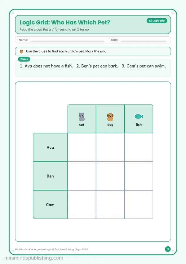 Logic Grid: Who Has Which Pet? — free printable Kindergarten worksheet