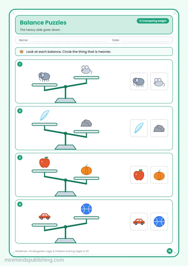 Balance Puzzles — free printable Kindergarten worksheet
