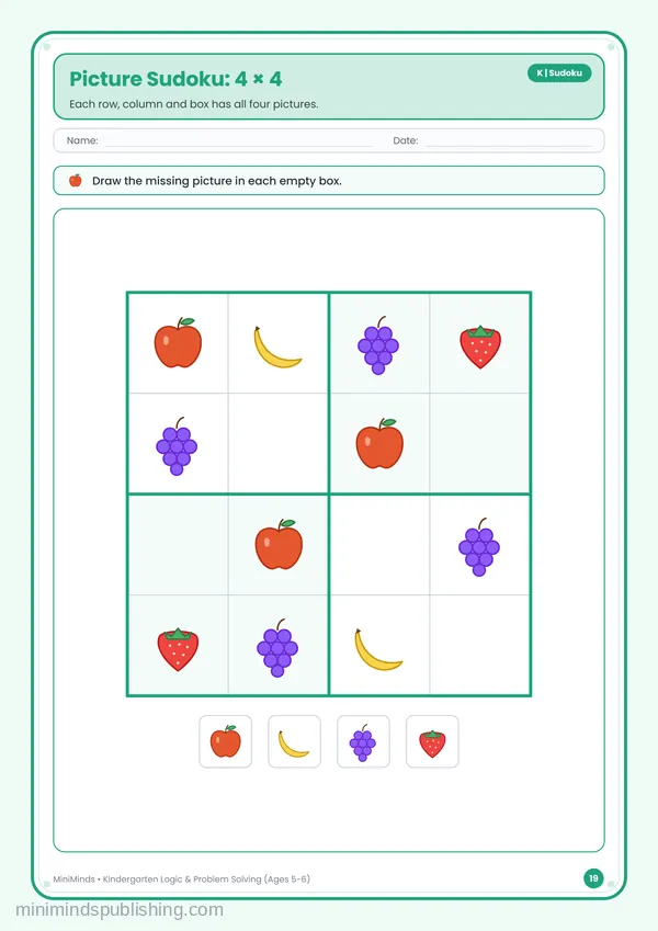 Picture Sudoku: 4 × 4 — free printable Kindergarten worksheet