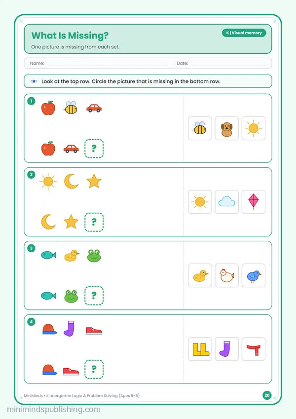 What Is Missing? — free printable Kindergarten worksheet
