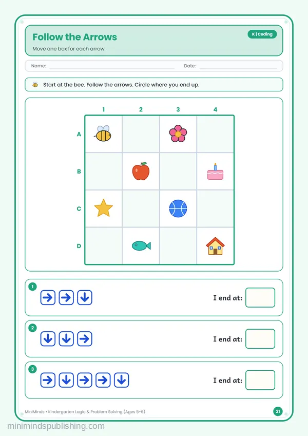 Follow the Arrows — free printable Kindergarten worksheet