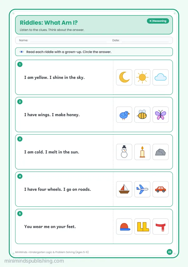 Riddles: What Am I? — free printable Kindergarten worksheet