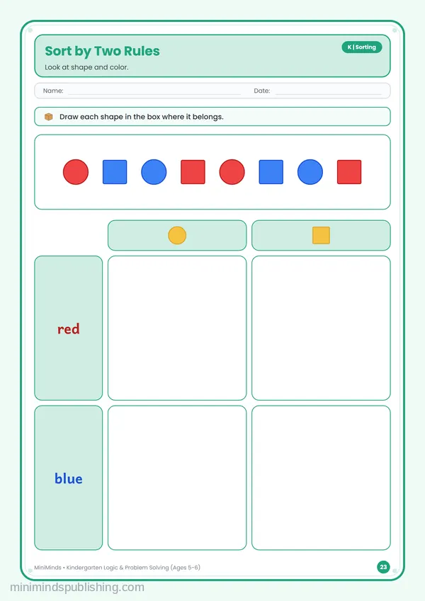 Sort by Two Rules — free printable Kindergarten worksheet