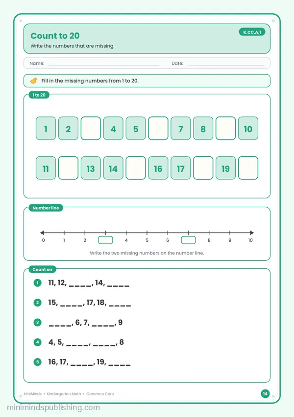 Count to 20 — free printable Kindergarten math worksheet for ages 5-6 (Common Core K.CC.A.1)