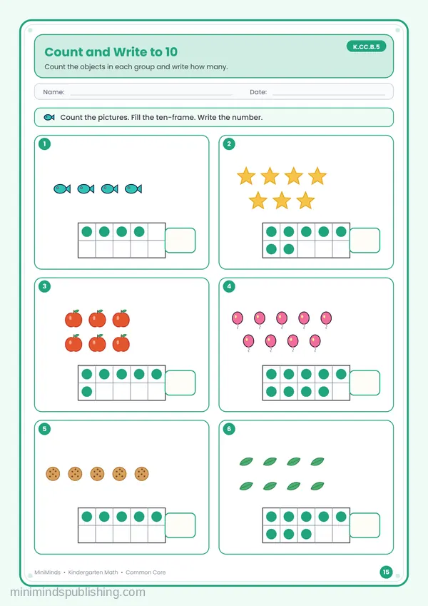 Count and Write to 10 — free printable Kindergarten math worksheet for ages 5-6 (Common Core K.CC.B.5)