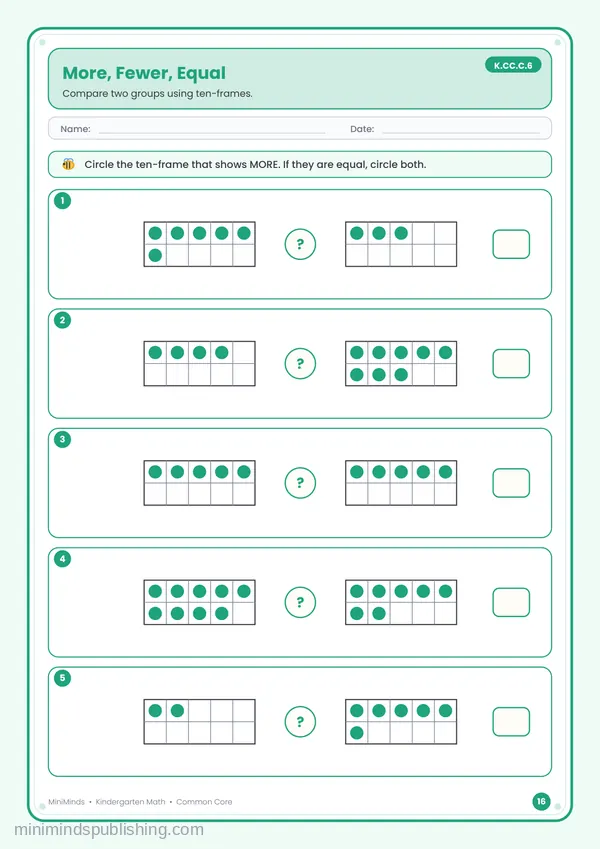 More, Fewer, Equal — free printable Kindergarten math worksheet for ages 5-6 (Common Core K.CC.C.6)