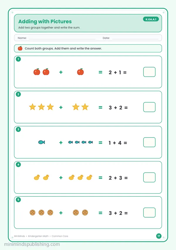 Adding with Pictures — free printable Kindergarten math worksheet for ages 5-6 (Common Core K.OA.A.1)