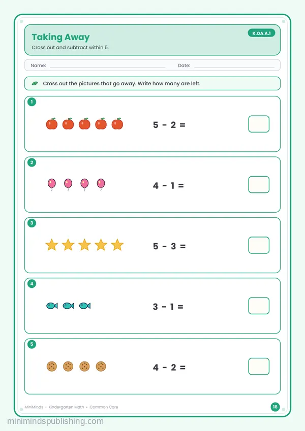 Taking Away — free printable Kindergarten math worksheet for ages 5-6 (Common Core K.OA.A.1)