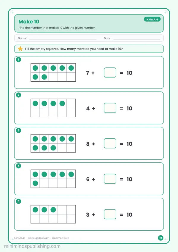 Make 10 — free printable Kindergarten math worksheet for ages 5-6 (Common Core K.OA.A.4)