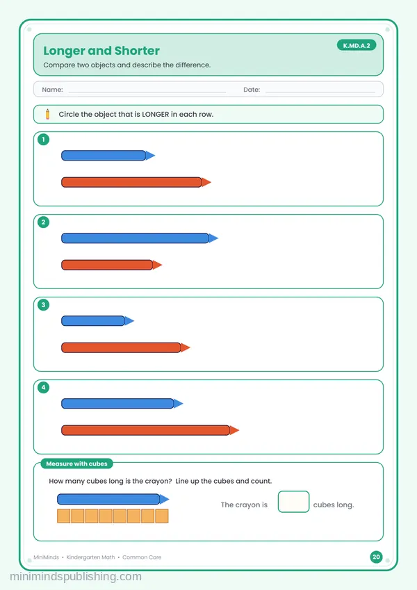 Longer and Shorter — free printable Kindergarten math worksheet for ages 5-6 (Common Core K.MD.A.2)