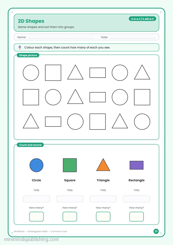 2D Shapes — free printable Kindergarten math worksheet for ages 5-6 (Common Core K.G.A.2, K.MD.B.3)