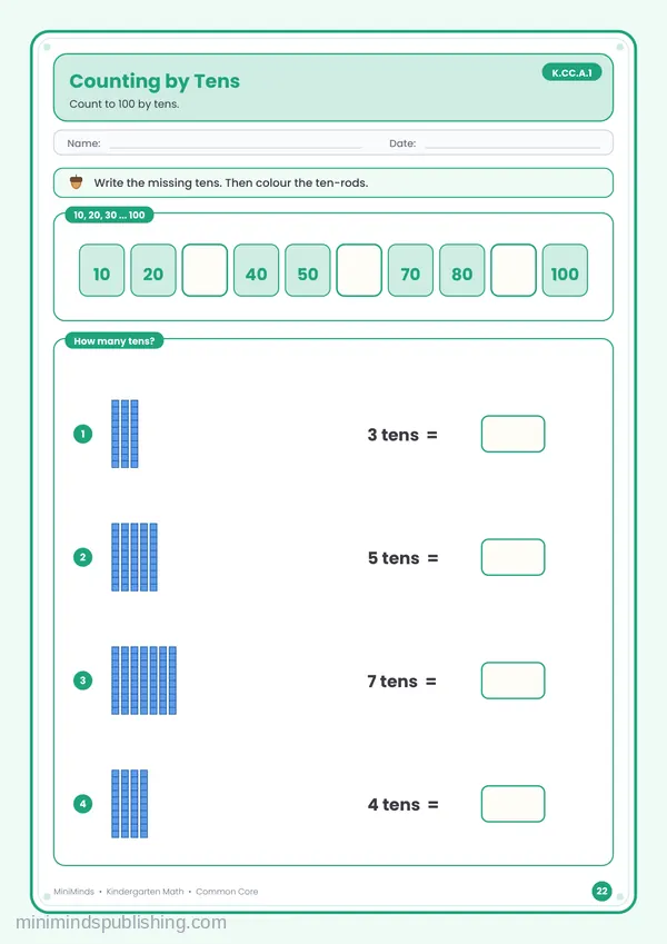 Counting by Tens — free printable Kindergarten math worksheet for ages 5-6 (Common Core K.CC.A.1)