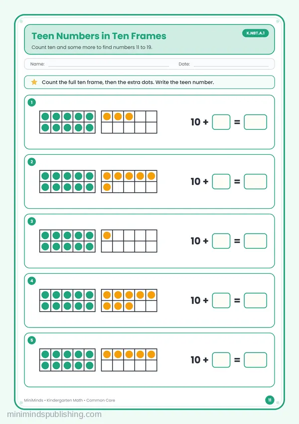 Teen Numbers in Ten Frames — free printable Kindergarten math worksheet for ages 5-6 (Common Core K.NBT.A.1)