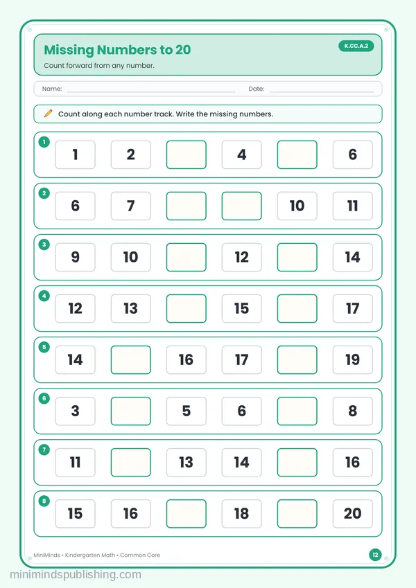 Missing Numbers to 20 — free printable Kindergarten math worksheet for ages 5-6 (Common Core K.CC.A.2)