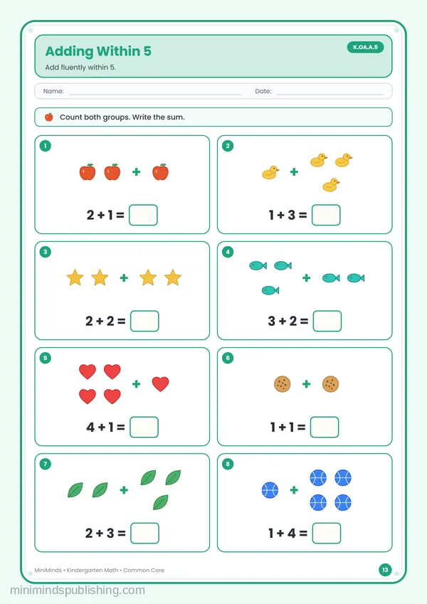 Adding Within 5 — free printable Kindergarten math worksheet for ages 5-6 (Common Core K.OA.A.5)