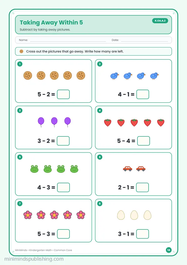 Taking Away Within 5 — free printable Kindergarten math worksheet for ages 5-6 (Common Core K.OA.A.2)