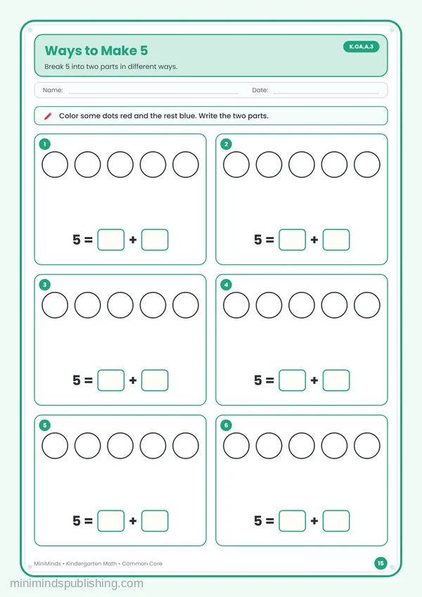 Ways to Make 5 — free printable Kindergarten math worksheet for ages 5-6 (Common Core K.OA.A.3)