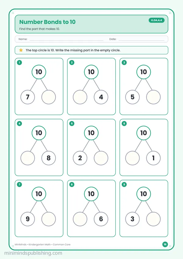 Number Bonds to 10 — free printable Kindergarten math worksheet for ages 5-6 (Common Core K.OA.A.4)