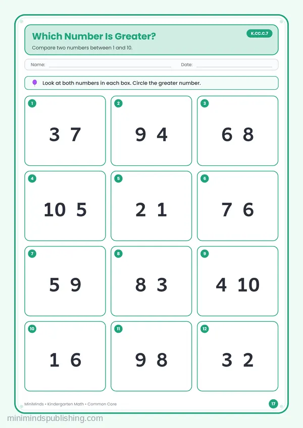 Which Number Is Greater? — free printable Kindergarten math worksheet for ages 5-6 (Common Core K.CC.C.7)