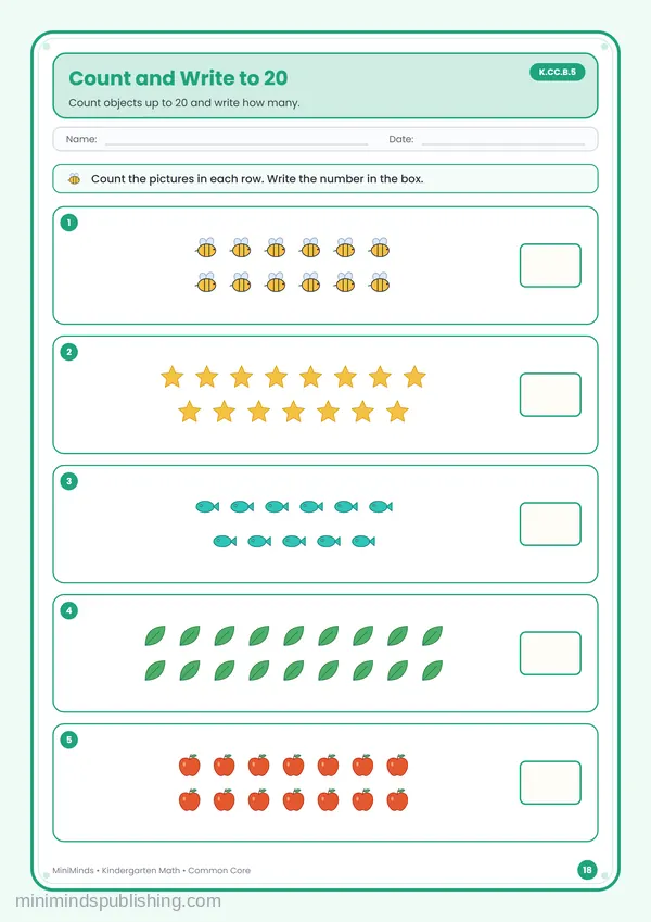 Count and Write to 20 — free printable Kindergarten math worksheet for ages 5-6 (Common Core K.CC.B.5)