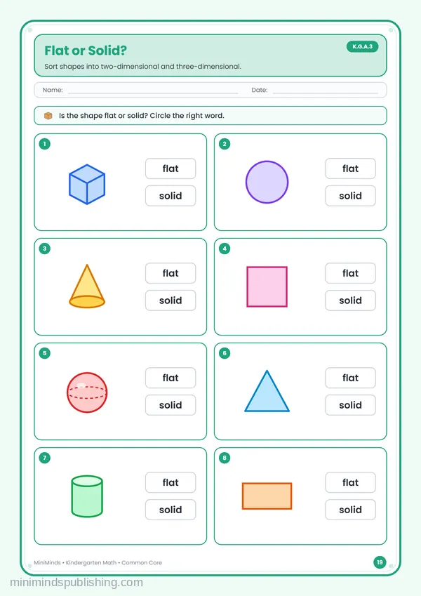 Flat or Solid? — free printable Kindergarten math worksheet for ages 5-6 (Common Core K.G.A.3)
