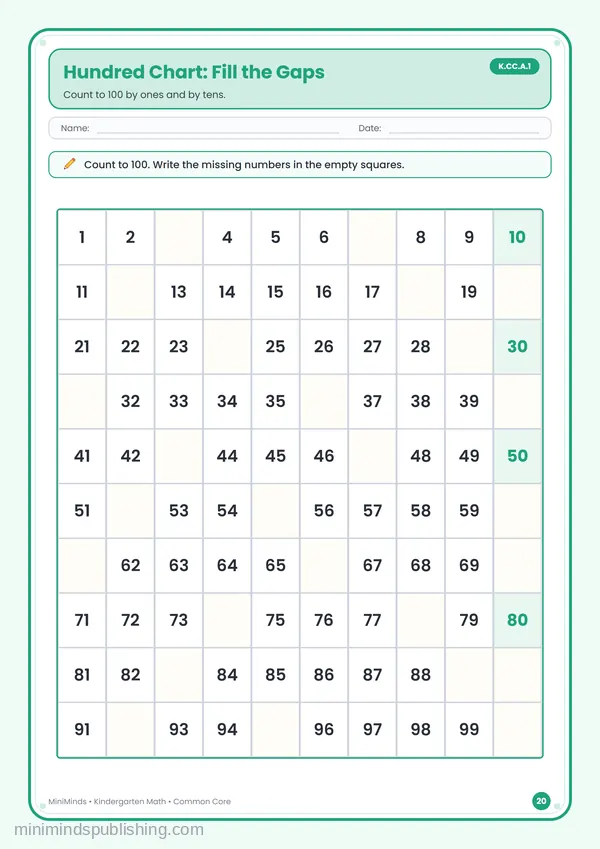 Hundred Chart: Fill the Gaps — free printable Kindergarten math worksheet for ages 5-6 (Common Core K.CC.A.1)